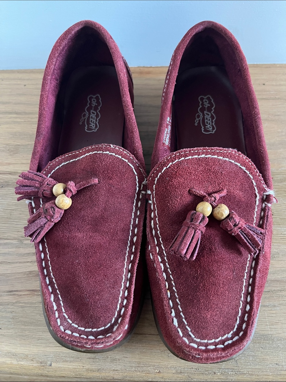 Oh Deer! Kids Burgundy Suede Tassel Loafers with Wooden Beads
